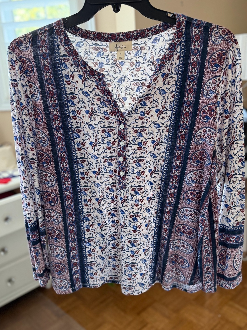 Style & Co. Navy, White & Burgundy Paisley Print Henley Tunic
